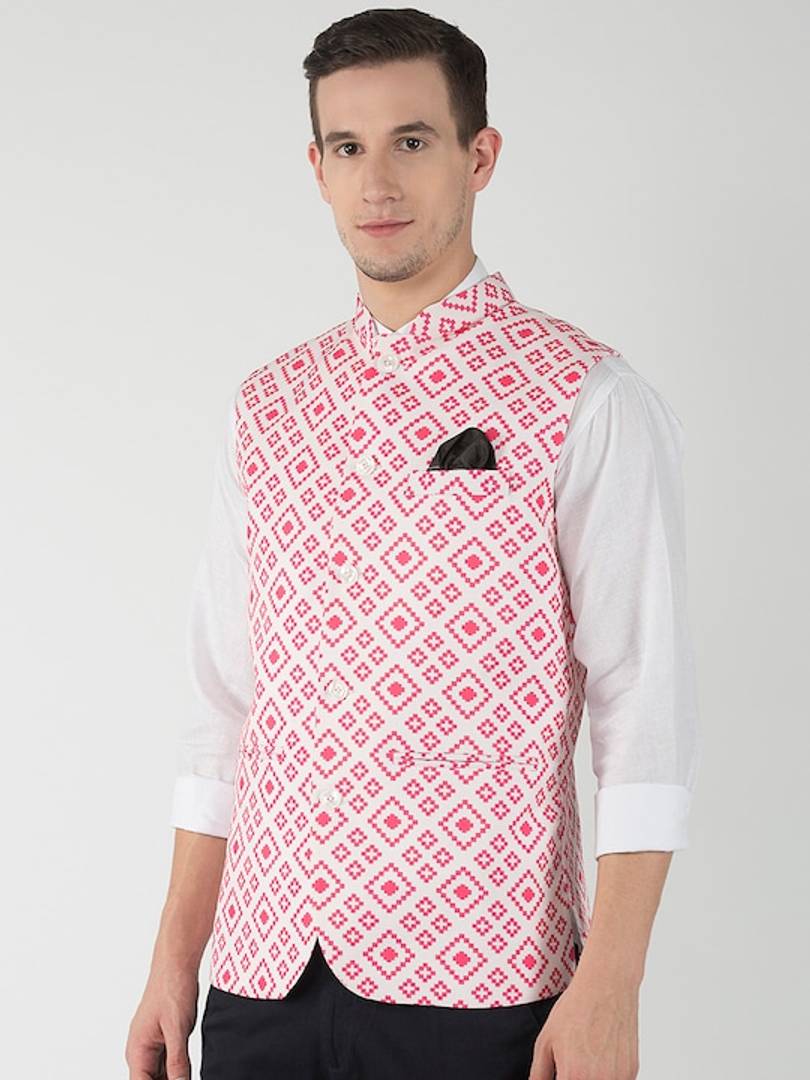 Men's Off White 
Cotton Blend
 Printed Nehru Jackets